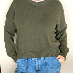 Quince 100% Cotton Olive Green Cropped Crew Neck Sweater